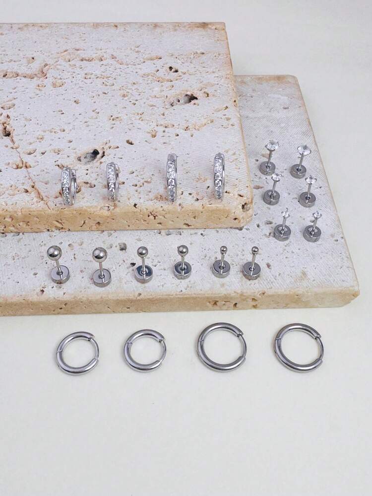 10pcs Classic Stainless Steel Stud Earrings Set, Embedded With Small Cubic Zirconia Beads, Suitable For Multiple Ear Piercings, Can Be Worn On Earlobes, Cartilage, And Helix - Silver-3# - View 4