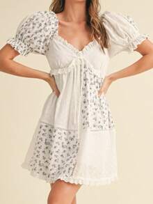 Women Y2k Puff Sleeve Babydoll Dresses Boho Floral Print V Neck Bow Tie Front Mini Dress Summer Flowy Patchwork Babydoll Sundress - 白色 - 查看 6