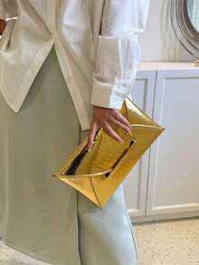 Crocodile Print, Snake Print, Solid Color, Minimalist, Fashionable, Casual PU Clutch, Envelope Bag, Fashionable Clutch Bags For Woman , New Year ,Wedding , Wedding - Gold - View 3