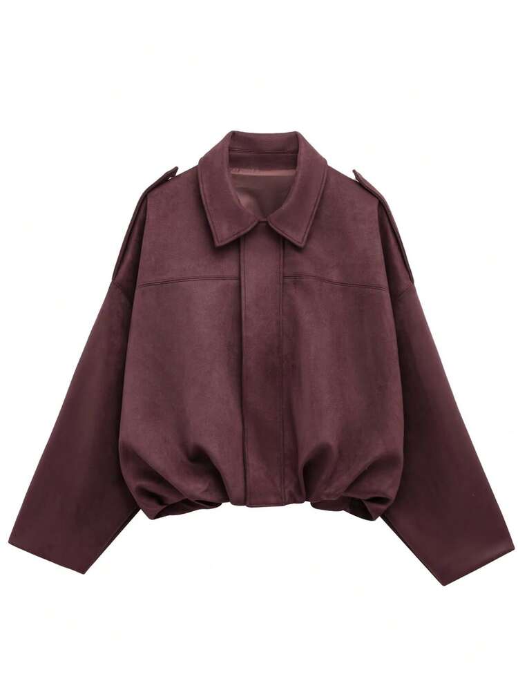 Jaqueta Bomber Feminina, Casaco de Primavera, Jaqueta Retrô de Manga Longa Solta com Zíper, Jaqueta de Novo Estilo, Agasalho Verde - Vinho - Visão 6