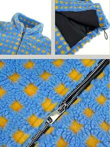 Sherpa Checkered Jacket For Women Plaid Zip Up Fleece Jacket With Pockets Winter Fall Fuzzy Cropped Coats - 藍色 - 查看 5