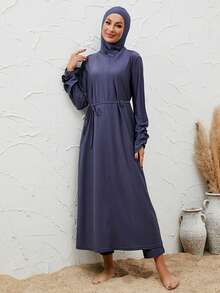 VFJ 3 件套穆斯林全覆盖泳衣套装，适度潜水冲浪泳衣，含头巾、长袖泳衣和泳帽 - 藏蓝色 - 查看 2