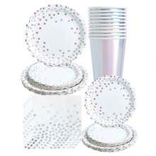 30 pièces Assiettes jetables à bordure à pois argentés, set de serviettes et de gobelets, convient pour les fêtes, anniversaires, mariages, pique-niques en famille