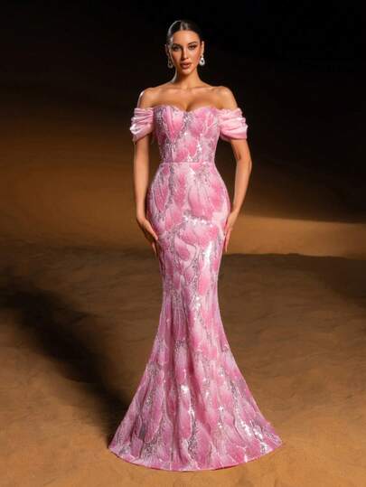 Faeriesty Haute Glamour Elegant Off-Shoulder Mermaid Evening Gown With Sparkly Floral Sequin & Bead Embroidery – Heart Neckline, Delicate Flower Bud Shoulder Accents, Fish-Tail Silhouette For Weddings, Evening Dinners & Luxury Gatherings For Women