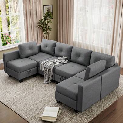 Jooli H Corner U Shaped Sofa With Storage, Fabric Sectional Modular Sofas With Upholstered Cushion And Removable Back Cushion For Living Room Home Office, Grey