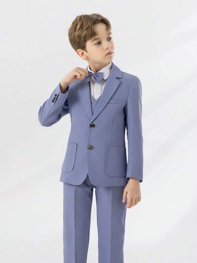 4pcs Boys Suit Set, Children Gentleman Formal Wear Jacket + Vest + Pants + Bow Tie, High-End Formal Outfit