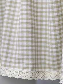 1pc Farmhouse Style Plaid Pattern Linen Short Curtain, Unique Crochet Lace Trim Decor, Cafe Style Curtain With Rod Pocket Top, Suitable For Kitchen & Bathroom Windows - Khaki - View 6