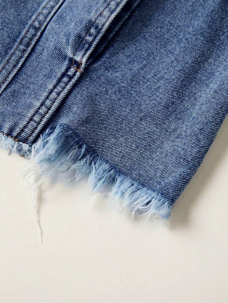 Women's Denim Jacket With Long Sleeves And Buttoned Distressed Denim Jacket - Rửa trung bình - Xem 8