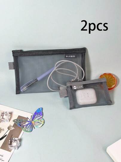 2PCS Simple Transparent Nylon Mesh Storage Bag Large Capacity Stationery Bag Pencil Case Portable Storage Bag