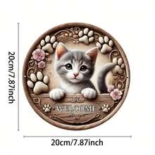 1pc Vintage Round Metal Welcome Sign - 2D Flat Wall Art With Cute Cat & Floral Design, Suitable For Indoor/Outdoor Use, Country Home Decor, Perfect Gift, Fits Home, Cafe, Apartment, Restaurant, Living Room, Outdoor Decor, Cafe Decor, Farmhouse Style, Durable Metal Plaque, 2D Flat - Multicolor - View 4