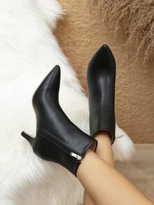 Women's New Ankle Boots, Black Short Boots & Nude Boots, Minimalist Solid Color, High Quality PU Leather, Suitable For Commuting, Office, Sexy Party, Side Zipper, Pointed Toe, Super High Heel, Winter - Black - View 2