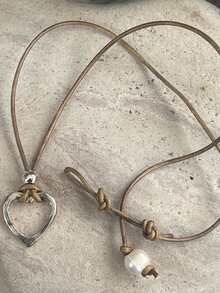 1pc Boho Style Brown Leather Cord Necklace With Heart Spiral Pendant, Pearl Clasp Decor - Nhiều màu - Xem 4