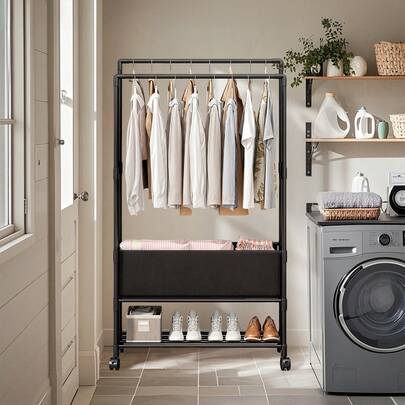 Senmeo Metal Double Rodding Clothes Rack With Storage Basket, Heavy Clothes Hangers, Easy To Assemble And Easy Roll Design, Suitable For Shopping Mall Family Clothing Storage And Hanging Clothes Pole Hangers, Ideal Gift For Mother