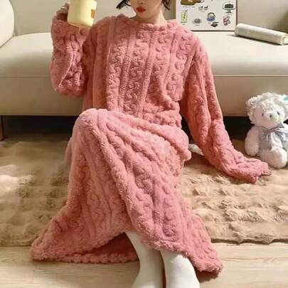 Coral Fleece Long Robe, New Winter Plus Size Sleepwear, Warm Homewear, Thick Fleece Robe, Casual Long Sleeve Round Neck Flannel Robe, Autumn/Winter Women Homewear And Dress