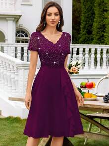 MIUSOL Elegant Women's V-Neck Contrast Lace Sequin Maroon Flowy Chiffon Swing Dress, Ruffle Trim Ruched Hem, For Wedding Guest, Prom, Homecoming, Birthday Party - 紫紅色 - 查看 6