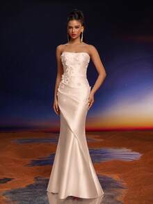 Anymoon 3D Hand Floral Ruffle Trim Mermaid Bridesmaid Dress - Apricot - View 3