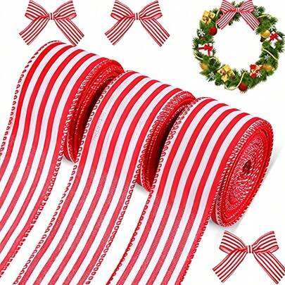 5码圣诞装饰红色条纹丝带，花环装饰圣诞树蝴蝶结丝带礼品包装配件DIY花环工艺材料，适用于礼品包装、花环制作、节日装饰、插花和圣诞饰品