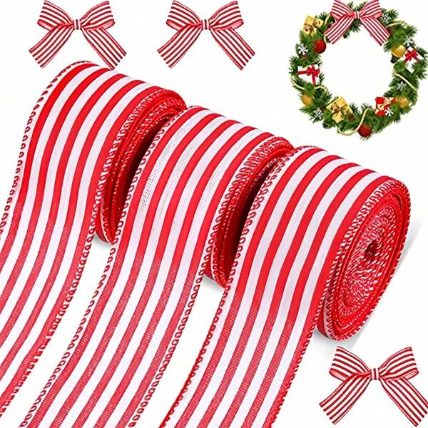 5yard Christmas Decor Red Striped Ribbon, Wreath Accent Christmas Tree Bow Ribbon Gift Wrapping Accessories DIY Wreath Handmade Craft Supplies Valentine's Day & Wedding Ribbon For Gift Wrapping, Wreath Making, Holiday Decor, And Christmas Ornaments