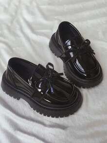 2025新款蝴蝶结百搭儿童皮鞋韩版时尚女童平底一脚蹬舞蹈鞋 - 黑色 - 查看 1