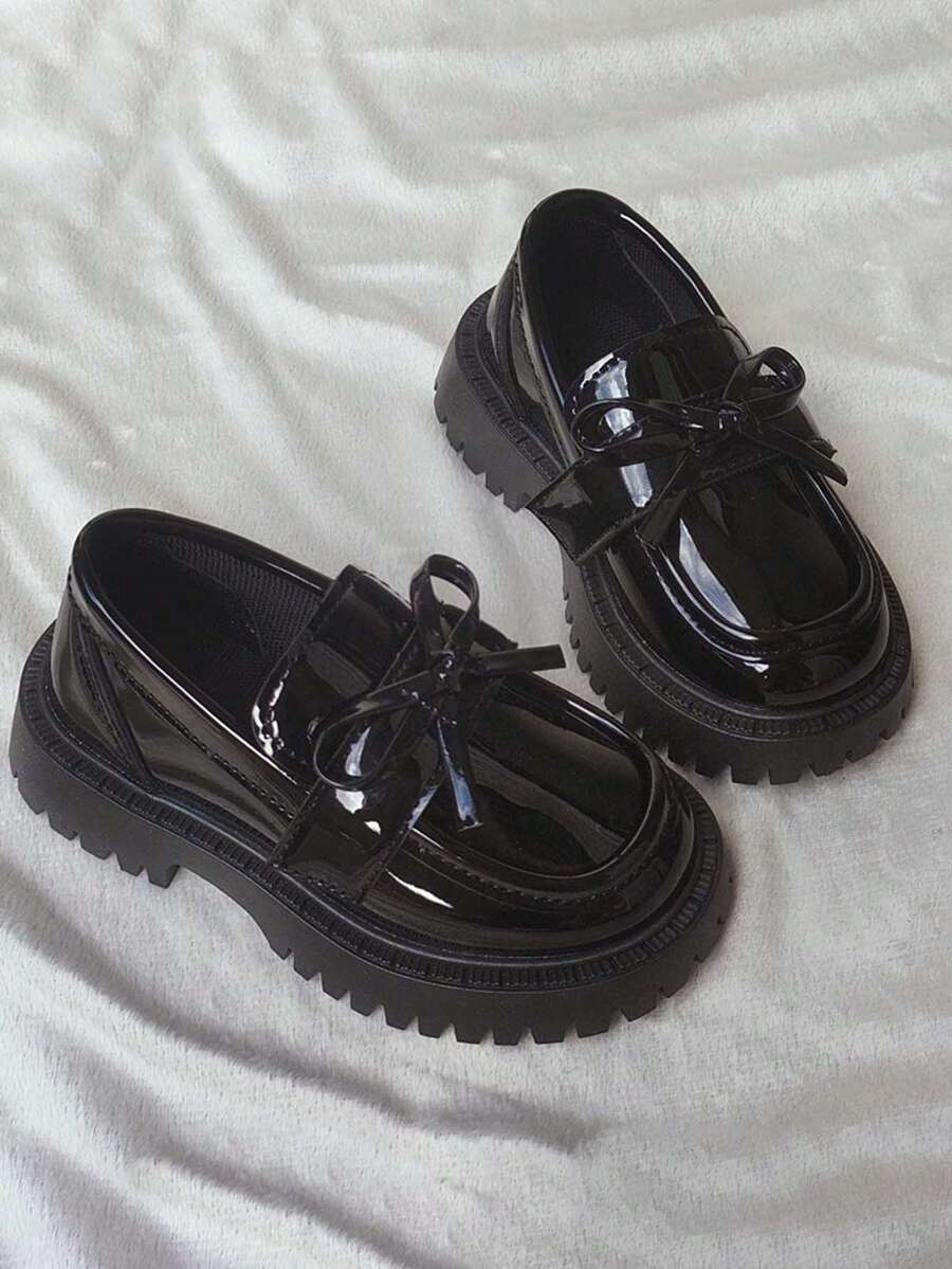 2025新款蝴蝶结百搭儿童皮鞋韩版时尚女童平底一脚蹬舞蹈鞋 - 黑色 - 查看 1