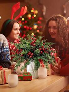 22/40pcs Artificial Pine Tree Branches With Red Berries - Realistic Evergreen Foliage In White Vase-Like Pot, Durable Plastic Winter Foliage With Green Needles & Red Berries For Christmas, Thanksgiving, Table Centerpiece, Wreaths, Garlands - All-Season Indoor/Outdoor Decoration (No Maintenance Required) - Ideal For DIY Crafts, Home & Party Decor, Christmas Decor - Multicolor - View 6