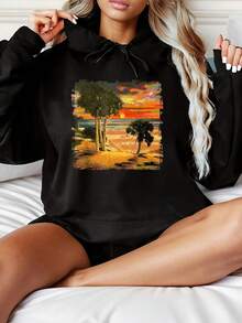 Women's Fashionable Black Hooded Sweater With Sunset And Palm Tree Pattern Print - Warm Long-Sleeved Pullover, Casual Strap-On Hooded Sports Shirt, Suitable For All Seasons, Casual Pullover Shirt