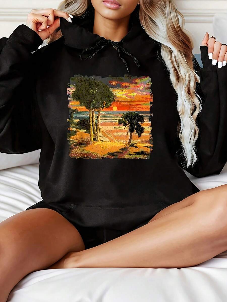 Women's Fashionable Black Hooded Sweater With Sunset And Palm Tree Pattern Print - Warm Long-Sleeved Pullover, Casual Strap-On Hooded Sports Shirt, Suitable For All Seasons, Casual Pullover Shirt