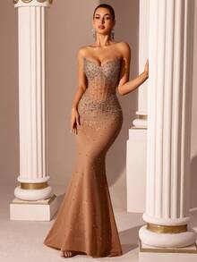 Elisanya 露肩 V 领长款舞会礼服 水钻鱼骨褶饰高腰露背系带舞会礼服 鸡尾酒会礼服 活动宴会晚礼服 - 卡其色 - 查看 1