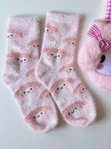 SANRIO 3 Pairs Cute Kuromi Plush Socks For Women, Thermal Lined, Warm Ankle Socks For Home, Suitable For Autumn/Winter - Multicolor - View 3