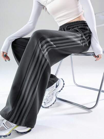 מכנסי ספורט צמודים 4 פסים אפורים בצבע ניגודי עם מותן, גזרה קז'ואלית, לנשים, אביב/סתיו/חורף