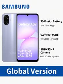 Samsung Galaxy A07 解锁安卓手机：6.7 英寸 HD+ 90Hz 流畅显示屏 | 50MP 专业摄像头 | 5000mAh 长效电池 | IP54 | 6 个操作系统升级 | 选择存储（64GB/128GB）和 RAM（4GB/6GB）和颜色（黑色/绿色/紫色）| 双 SIM 卡 | 全球版本 - 紫色 - 查看 2