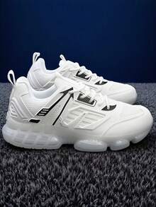 2025 New Men's Casual Sports Shoes, Thick Sole, Anti-Slip, Breathable Mesh, Soft & Comfortable, Black & White Color Block, Air Cushion, Shock Absorbing, Comfortable Men's Running Shoes