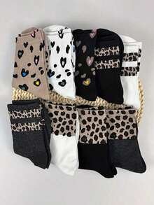 9 Pairs Women Leopard Print & Heart Pattern Mid-Calf Socks, Fashionable Minimalist Unique Retro Street Style Design, Suitable For Casual Outfits - Multicolor - View 5