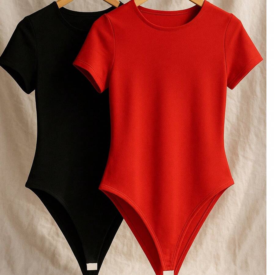 Kit 2 Women's Bodysuit Short Sleeve Elegant Suplex Bodysuit Elegant Casual Look Comfortable Bodysuit Basic And Stylish Fashion Simple Casual Fabric Simple Casual Knitted - 黑色紅色 - 查看 1
