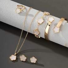 Five-Petal Flower 5-Piece Set Necklace Bracelet Bangle Earrings Ring Elegant Set - Hồng - Xem 6