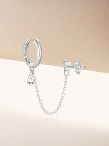 EleRunis 1PC 925 Sterling Silver Prong Setting Stud Long Tassel Cartilage Helix Piercing Jewelry For Women Daily Wear Wedding Party Engagement Anniversary Valentine's Day - Silver - View 6