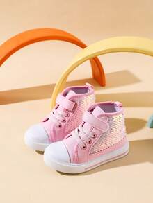 Trampki dla małych dziewczynek, wysokie, płócienne, codzienne, z błyszczącymi, zmieniającymi kolor cekinami