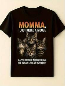 Women's Funny Cat Lover T-Shirt - Black Printed Short Sleeve Shirt With "I Just Killed A Mouse" Mom Quote - Soft Breathable Cotton Daily Top, Spring Summer Casual Loose Fit, Machine Washable Cartoon Design - 黑色 - 查看 6