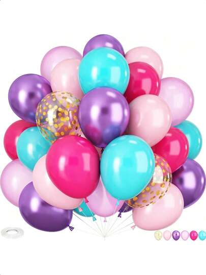 56pcs Pink & Purple Balloons, 10/12 Inch Purple, Pink, Blue, Green Balloons And Gold Birthday Balloons, Suitable For Girl Princess Birthday, Mermaid Theme Baby Shower Decoration