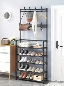 1pc Household Assembled Space-Saving 4-Tier/5-Tier Metal Clothes Hanger & Shoe Rack - Sturdy, Durable Multi-Function With 8 Hooks And Shelves, Suitable For Entryway, Bedroom, Bathroom - Easy To Assemble - Multicolor - View 5