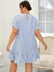 Plus Size Printed Striped Casual Loose Ruffled Hem Short Sleeve Sleep Dress, Summer Lounge Wear, Moo Moo Night Dress - Blue and White - View 2