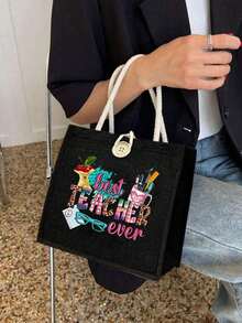 1个“最佳教师”印花亚麻手提袋，可重复使用印花手提包，女士双提手购物书包，大容量单肩包，休闲手提包，圣诞节收纳袋，适合通勤、上学、购物、户外活动，可作为礼物送给朋友、女朋友，教师节、节日等场合。 - 黑色 - 查看 4