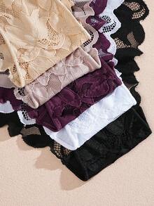 5pcs/Set Solid Color & Floral Lace Print Ruffle Design Comfortable Sexy Women's Panty Set, Suitable For Daily And Special Occasions - Multicolor - View 5