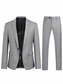 2 Pieces Formal Men Suit, Solid-Color Office/Party/Business Blazer Jacket & Pants Set - Grey - View 4