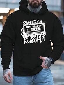 Sudadera con capucha de textura de terciopelo para hombres de-hop de la vieja escuela - Sudadera con estampado gráfico retro amarillo vibrante, ajuste regular, manga larga, ropa casual de invierno, regalo de moda americana para hombres, sudadera vintage - Negro - Ver 3