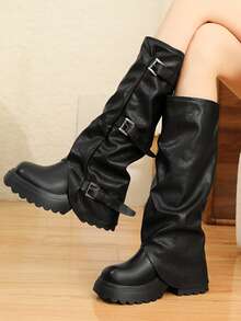 Damen Schwarze Kniehohe Stiefel, Runde Zehenkappe Dicke Sohle Reitstiefel, Modestiefel für Damen, Herbst/Winter