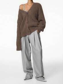 Plus Size Women's Solid Color Drop Shoulder Long Sleeve Single-Breasted Casual Cardigan, Elegant & Graceful Faux Fur Sweater, Coffee Color