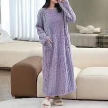 珊瑚绒长袍，新款冬季大码睡衣，温暖家居服，厚羊毛睡袍，休闲长袖圆领法兰绒睡袍，秋冬女士家居服和连衣裙 - 彩色 - 查看 9