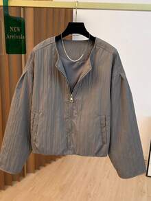 Women's Casual Jacket, Striped Woven Fabric, Pockets, Zipper, Puff Shoulder Design, Oversized Fit, Suitable For Various Figures, High-Quality Solid Color, Simple & Fashionable, Versatile For Daily Commute In Autumn/Winter - Grey - View 3