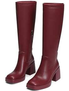 2025 New Fall Fashion Knee High Boots For Women Thick Heel Solid Color Side Zipper Square Toe Comfortable Classic Wide Calf Boots Winter Party Motorcycle Nightclub Shoes - 酒紅色 - 查看 6